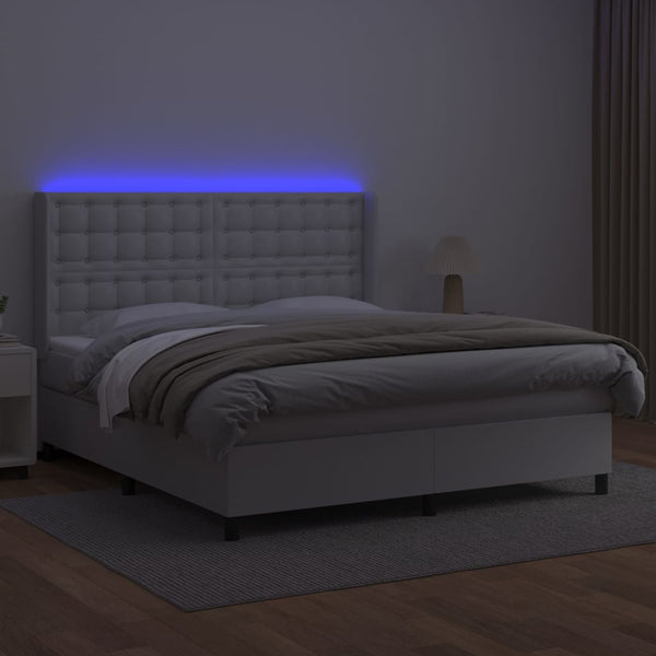 vidaXL Lit tapissier avec matelas et LED Blanc 160x200 cm Similicuir
