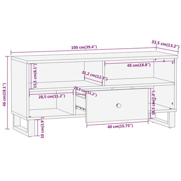 vidaXL Meuble TV marron et noir 100x33,5x46 cm bois de manguier massif