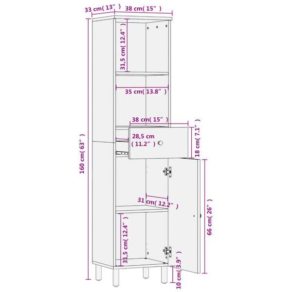 Schwarzer Badschrank Mango Massivholz 38x160 cm