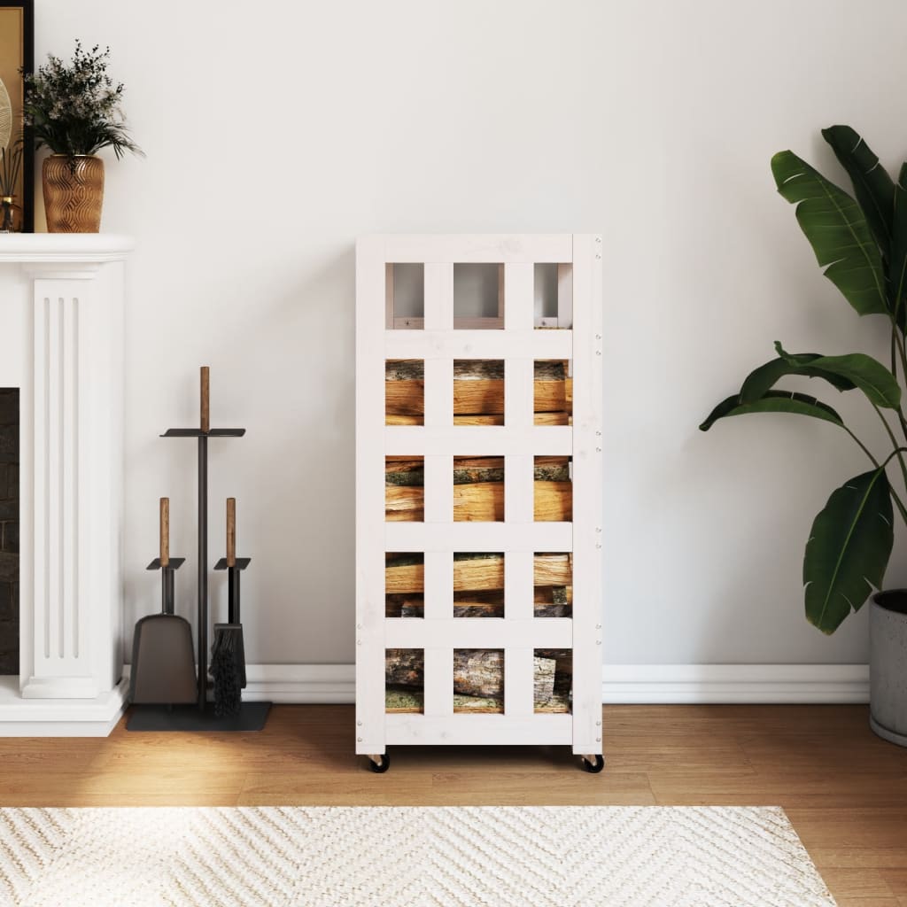 Kaminholzregal Weiß Kiefer Massivholz mit Rollen