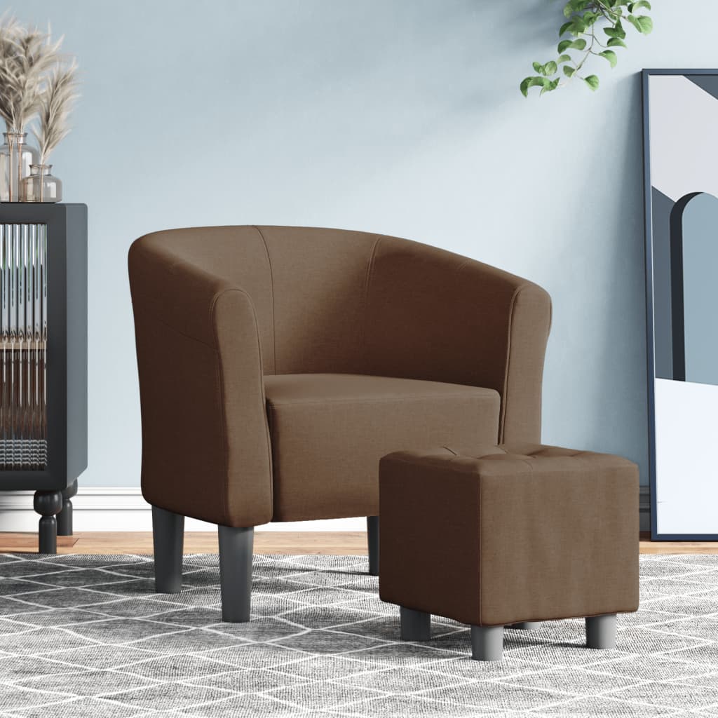 Clubsessel mit Hocker, Braun Stoff