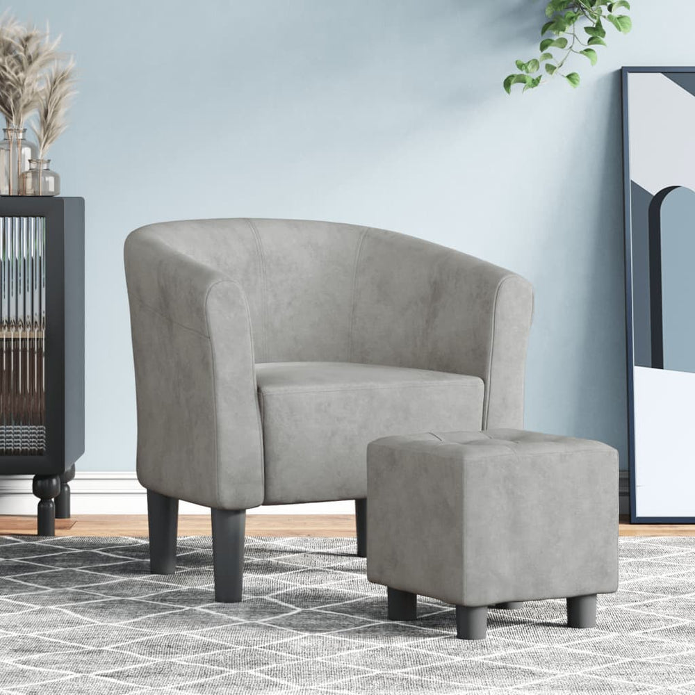 Clubsessel mit Hocker, Hellgrau Samt