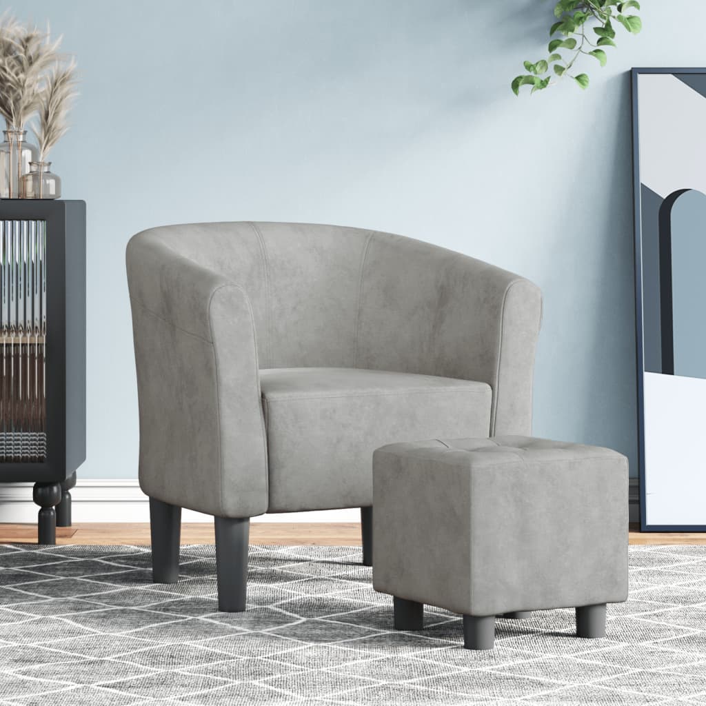 Clubsessel mit Hocker, Hellgrau Samt