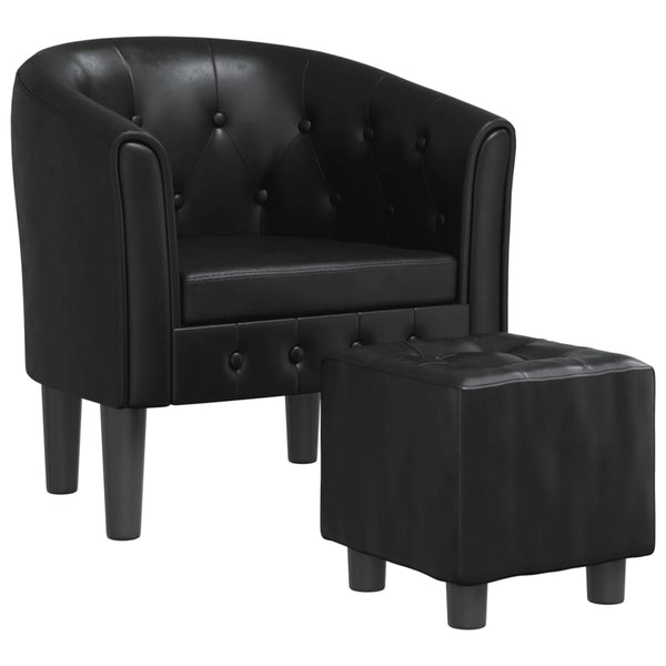 Clubsessel mit Hocker, Schwarz Kunstleder