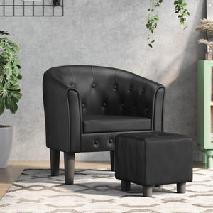 Clubsessel mit Hocker, Schwarz Kunstleder