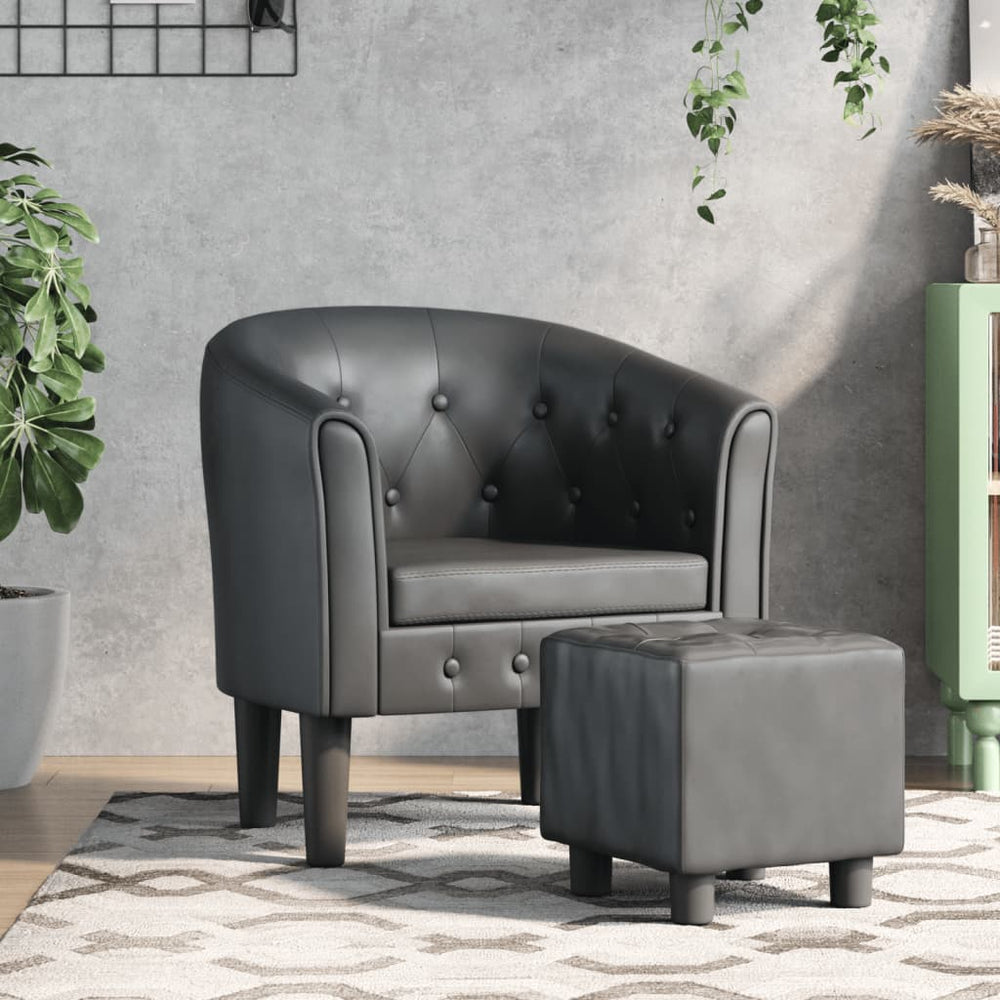 Clubsessel mit Hocker, Grau Kunstleder