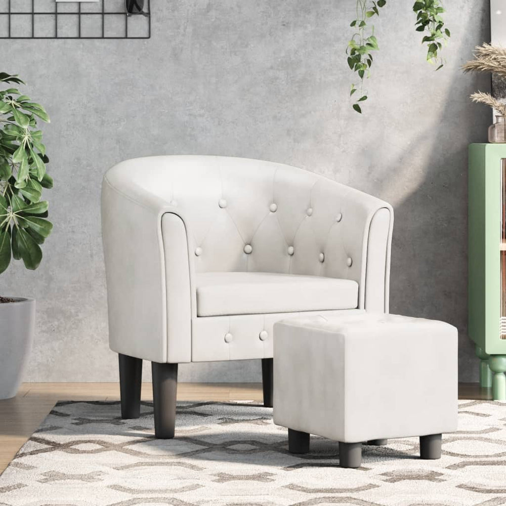 Clubsessel mit Hocker, Weißes Kunstleder