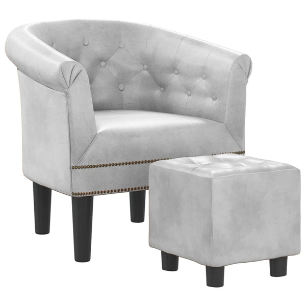 Clubsessel mit Hocker, Silber Kunstleder