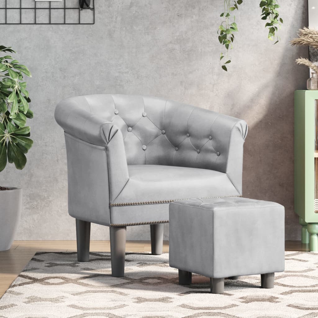 Clubsessel mit Hocker, Silber Kunstleder