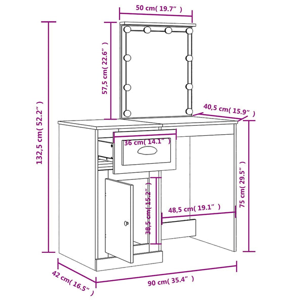 Schminktisch mit LED Grau Sonoma 90x42x132,5 cm