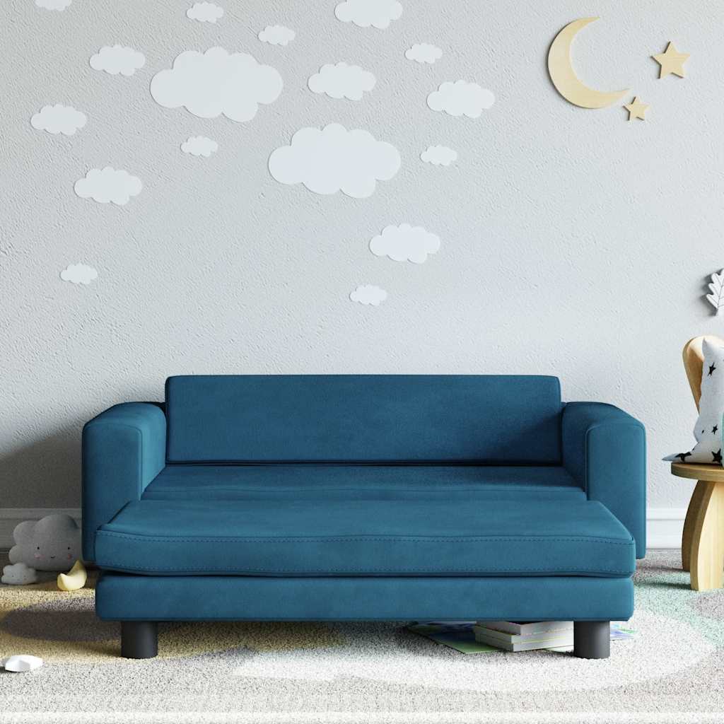 Blaues Kindersofa mit Hocker, Samt