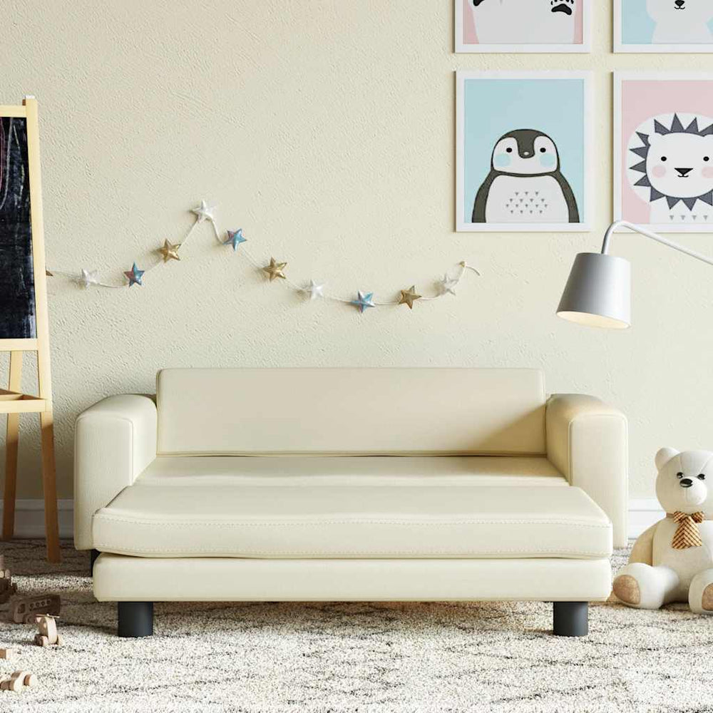 Kindersofa mit Hocker Creme Kunstleder