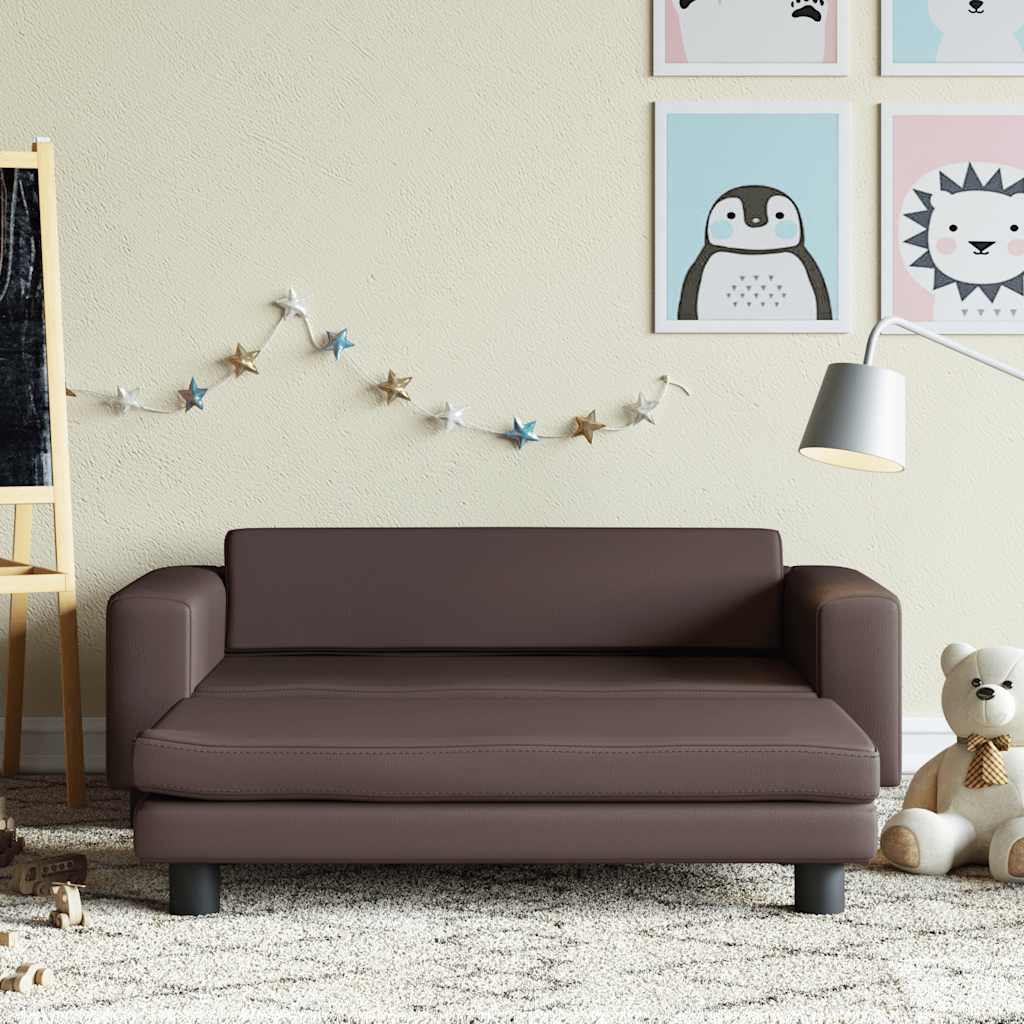 Kindersofa mit Hocker Braun Kunstleder