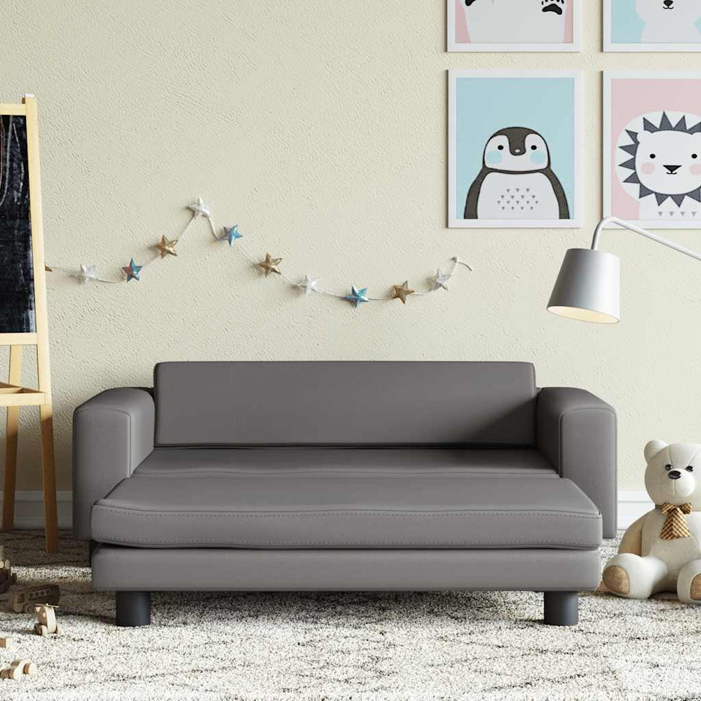 Kindersofa mit Hocker Grau Kunstleder