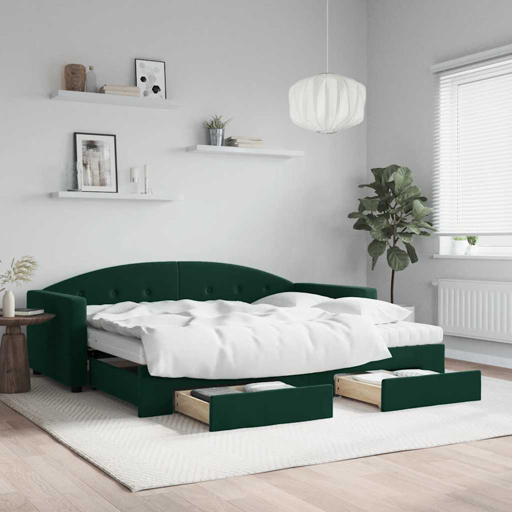 Ausziehbares Tagesbett mit Schubladen Dunkelgrün 90x200 cm Samt