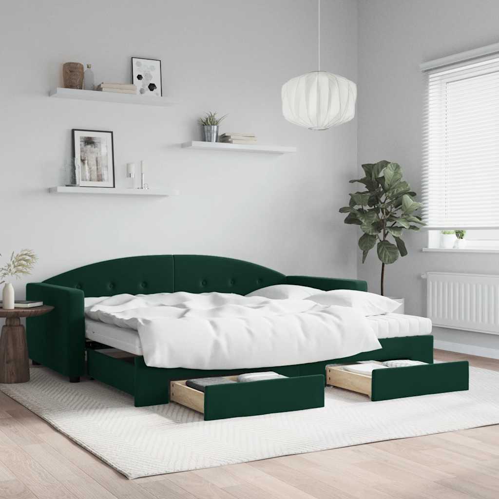 Ausziehbares Tagesbett mit Schubladen Dunkelgrün 90x200 cm Samt