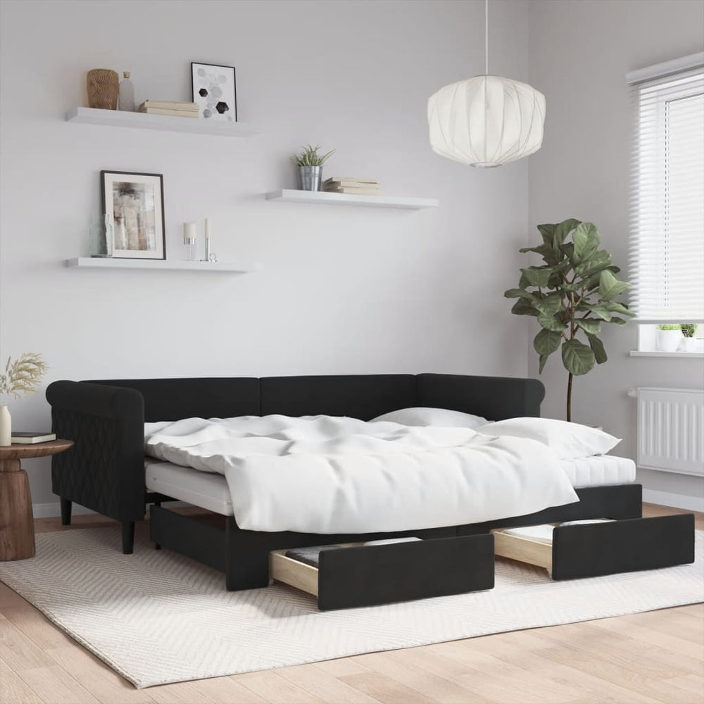 Ausziehbares Tagesbett mit Schubladen Schwarz 90x190 cm Samt