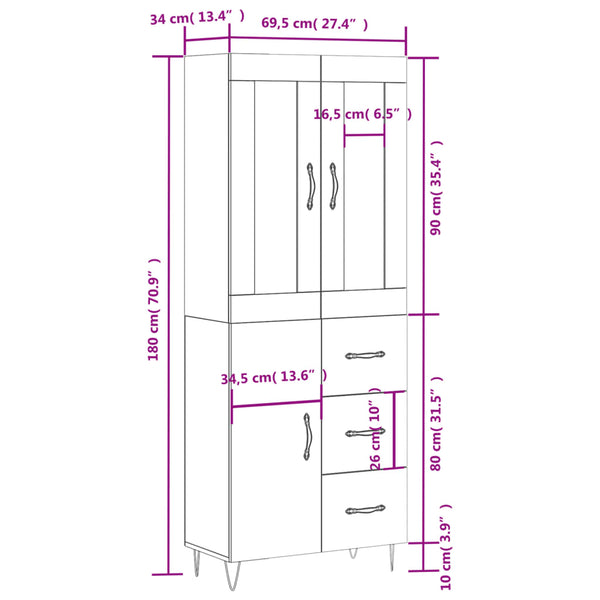 Highboard Schwarz 69,5x34x180 cm