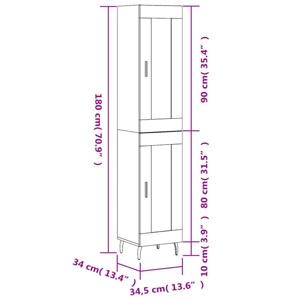 vidaXL Highboard gris Sonoma 34,5x34x180 cm Aggloméré