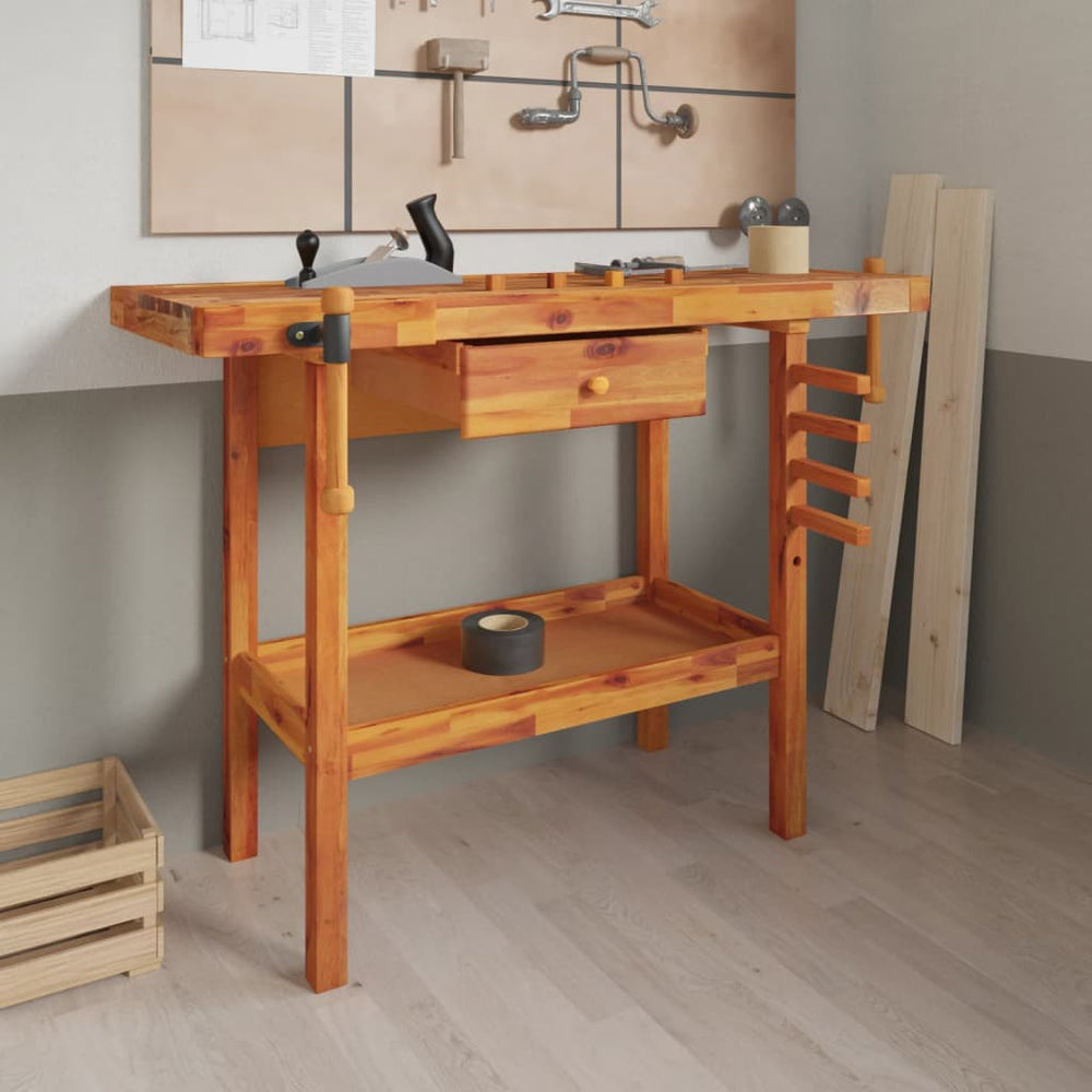 Werkbank mit Schublade und Schraubstöcken 124 x 52 x 83 cm Massivholz Akazie