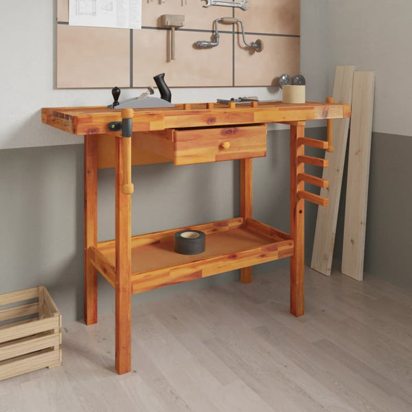 Werkbank mit Schublade und Schraubstöcken 124 x 52 x 83 cm Massivholz Akazie