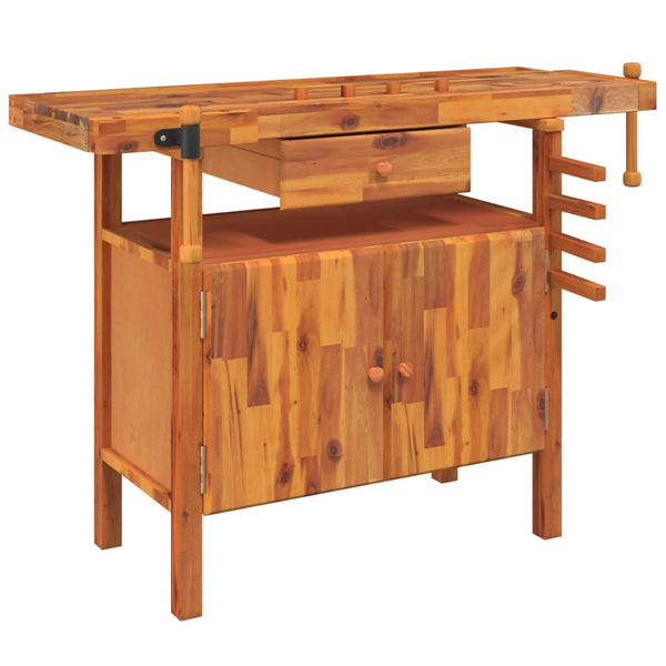 Werkbank mit Schublade und Schraubstöcken 124 x 52 x 83 cm Massivholz Akazie