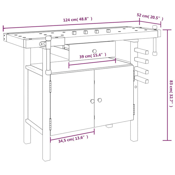 Werkbank mit Schublade und Schraubstöcken 124 x 52 x 83 cm Massivholz Akazie