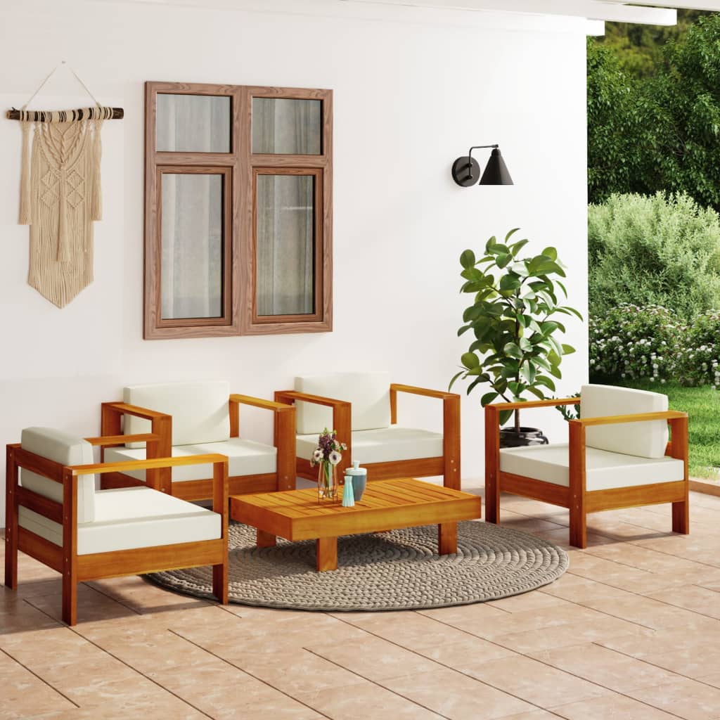 vidaXL Salon de jardin 5 pcs avec coussins crème bois massif