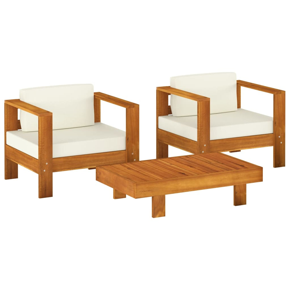 3-tlg. Garten-Lounge-Set mit Cremeweißen Kissen Massivholz