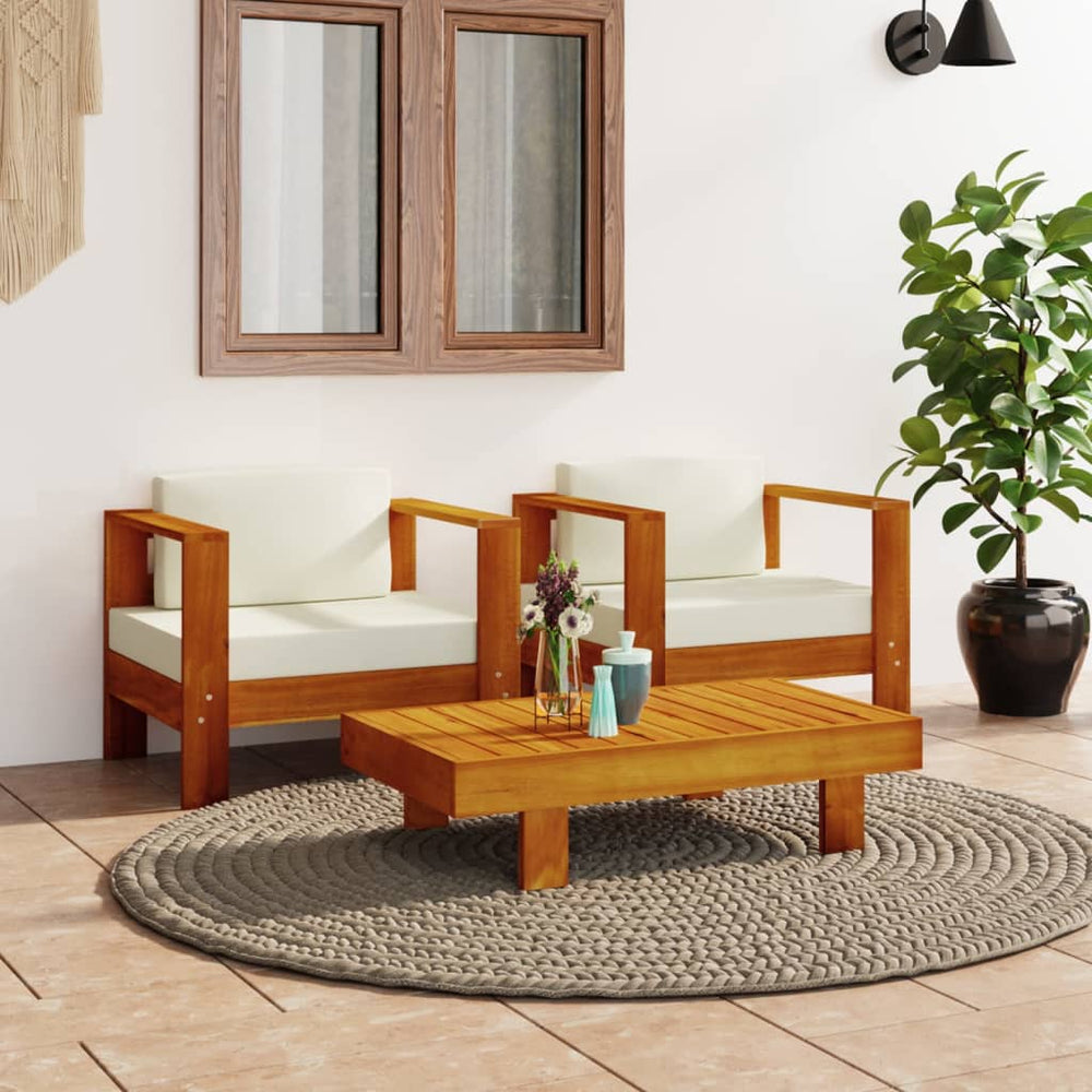 3-tlg. Garten-Lounge-Set mit Cremeweißen Kissen Massivholz