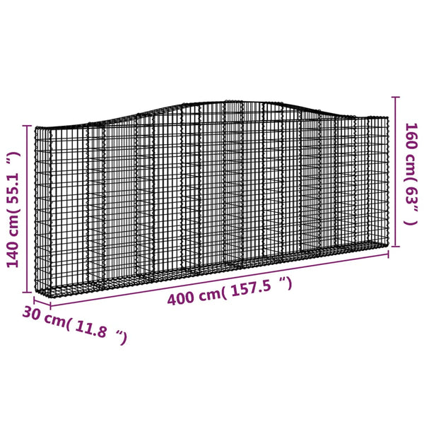 Gabionen mit Hochbogen 15Stk. 400x30x140/160cm Verzinktes Eisen