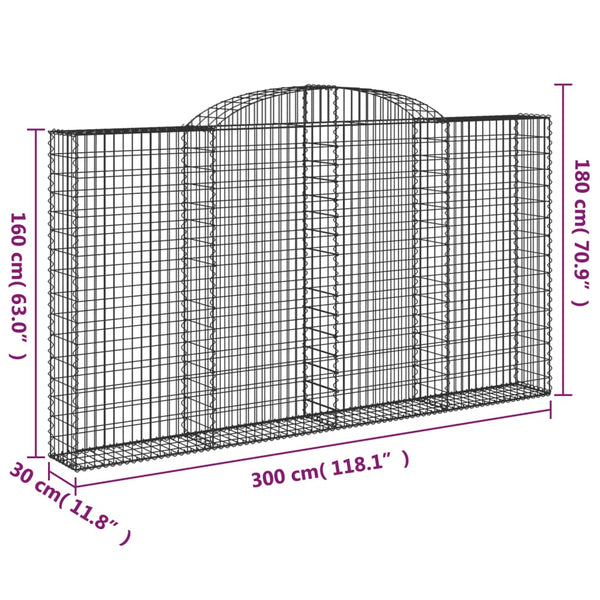 Gabionen mit Hochbogen 3 Stk. 300x30x160/180cm Verzinktes Eisen