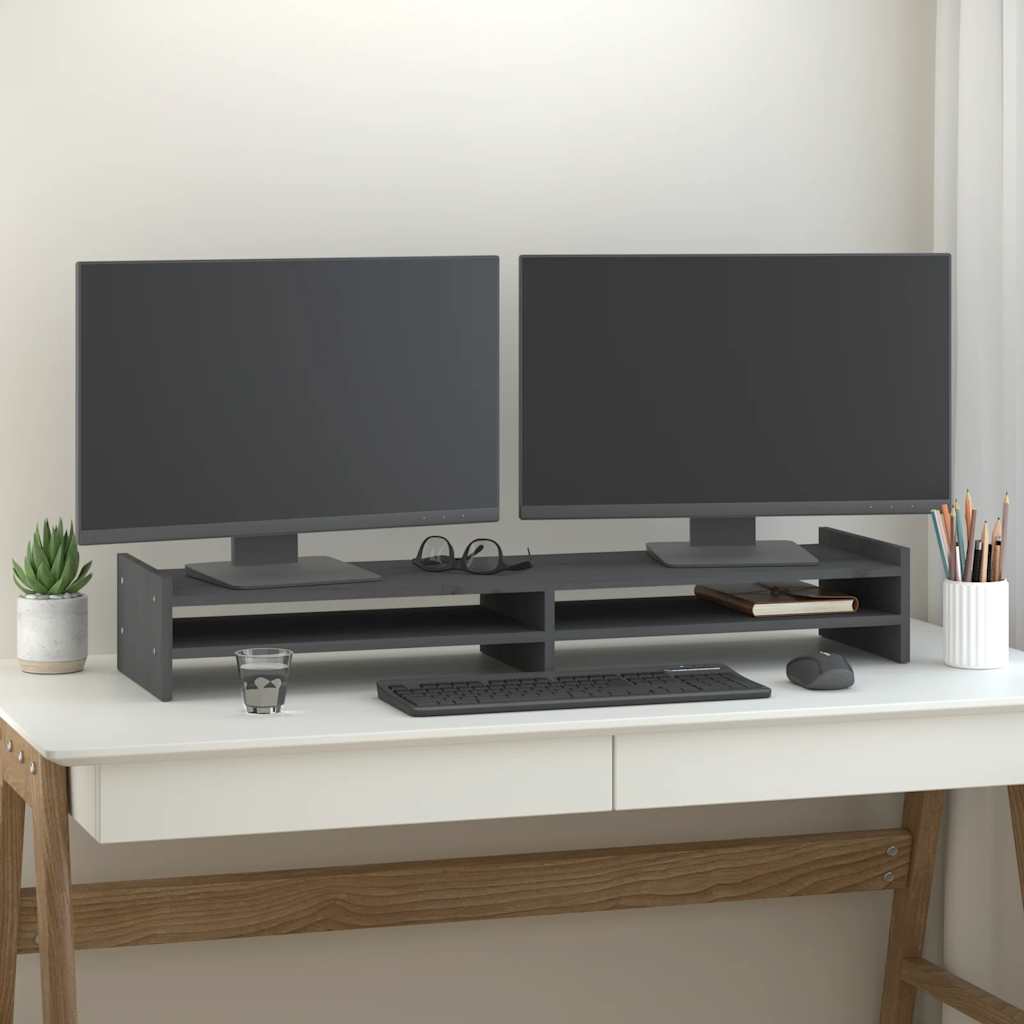 Monitorständer Grau 100 cm Kiefer Massivholz