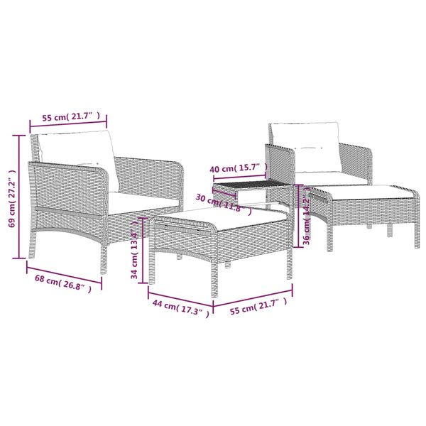 5-tlg. Garten Lounge Set Braun Rattan