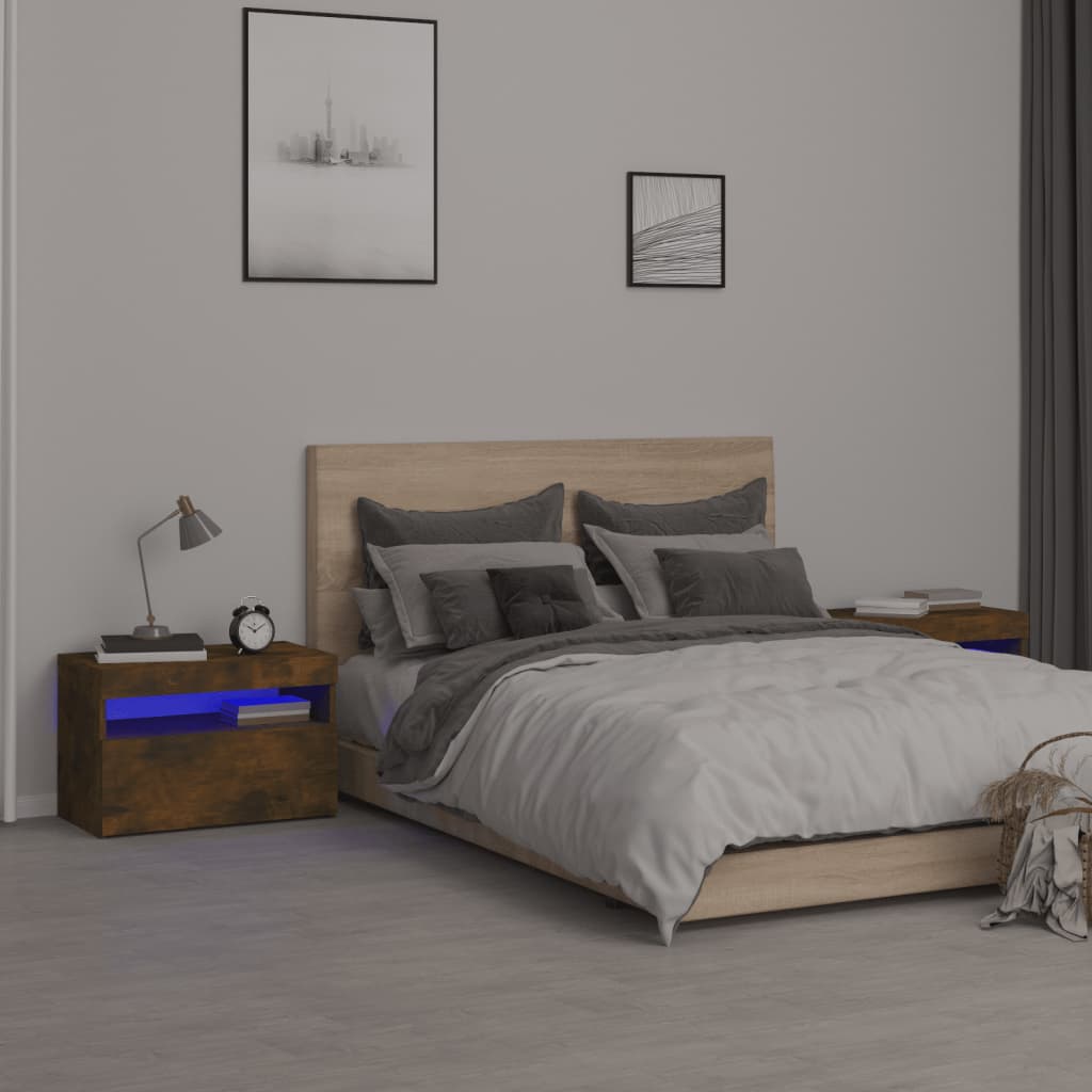 Nachttische 2 Stk. mit LED-Leuchten Räuchereiche 60x35x40 cm