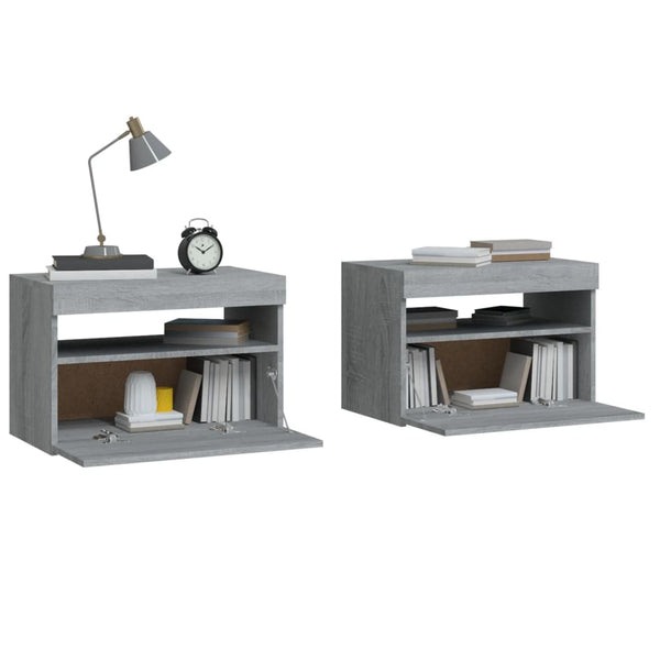 Nachttische 2 Stk. mit LED-Leuchten Grau Sonoma 60x35x40 cm