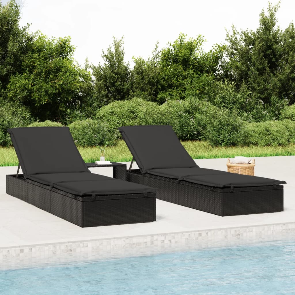 Schwarze Poly Rattan Sonnenliege mit Tisch