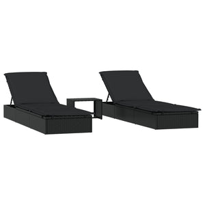 Poly Rattan Sonnenliegen 2er Set mit Tisch, Schwarz