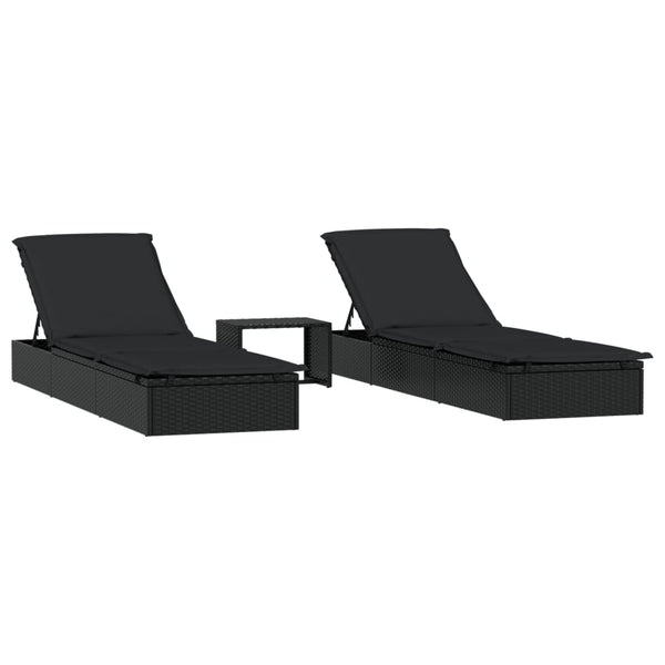 Poly Rattan Sonnenliegen 2er Set mit Tisch, Schwarz