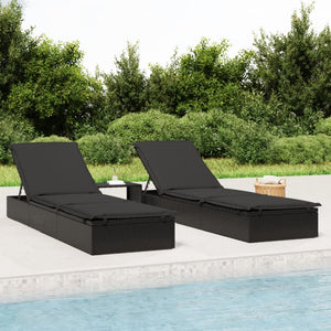 Poly Rattan Sonnenliegen 2er Set mit Tisch, Schwarz