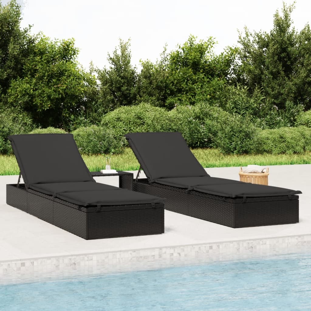 Poly Rattan Sonnenliegen 2er Set mit Tisch, Schwarz