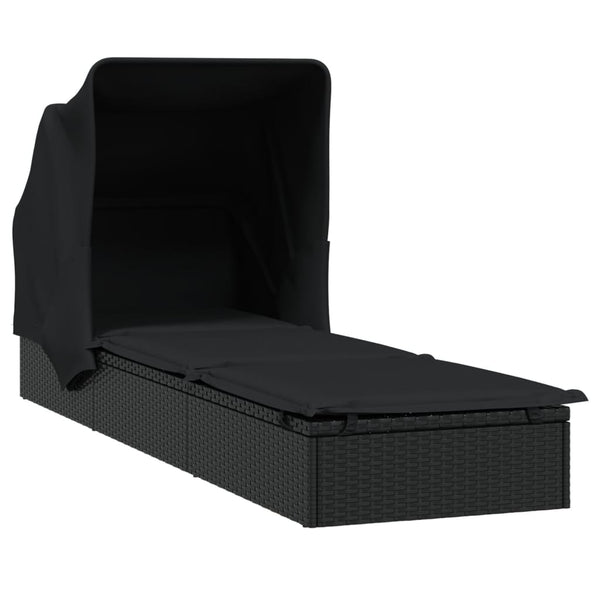 Schwarze Poly Rattan Sonnenliege mit Faltdach