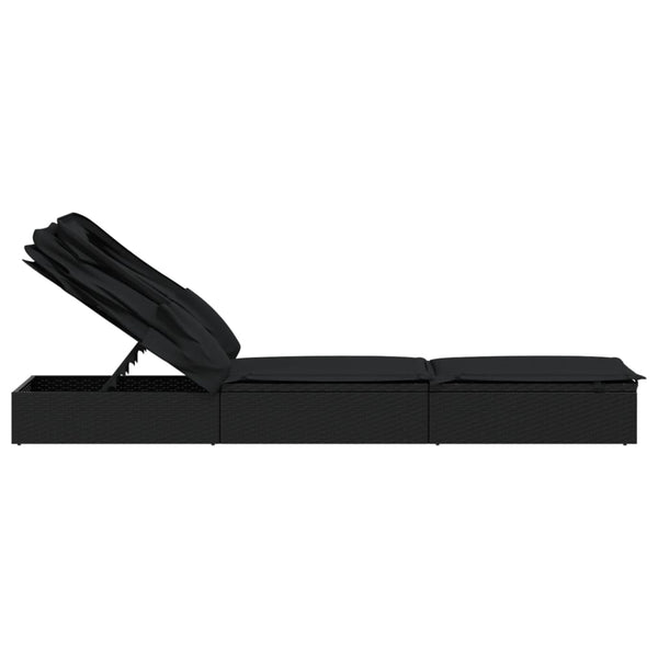 Schwarze Poly Rattan Sonnenliege mit Faltdach