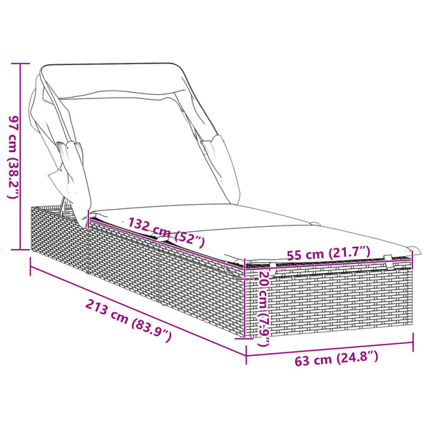 Schwarze Poly Rattan Sonnenliege mit Faltdach