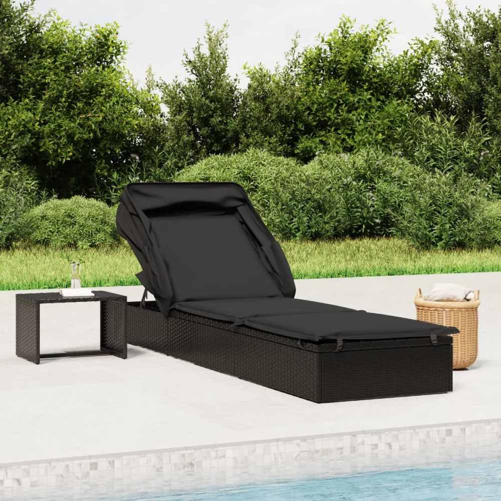 Schwarze Poly Rattan Sonnenliege mit Faltdach