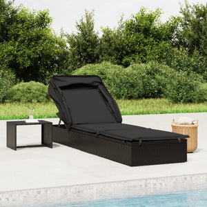 Schwarze Poly Rattan Sonnenliege mit Faltdach