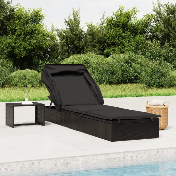 Schwarze Poly Rattan Sonnenliege mit Faltdach