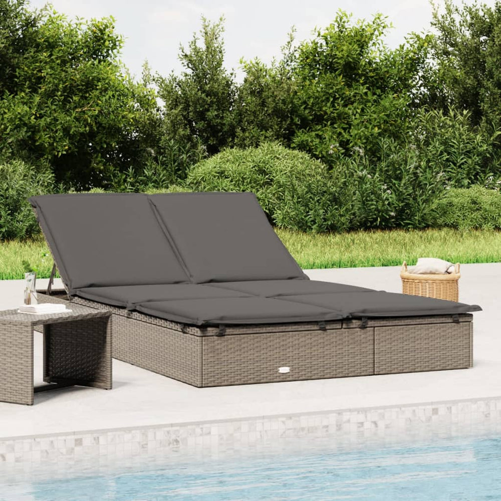 Doppel Sonnenliege mit Auflage Grau Poly Rattan