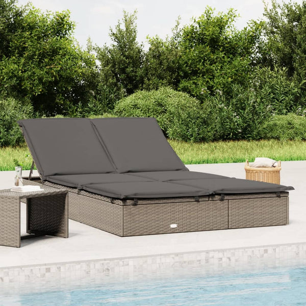 Doppel Sonnenliege mit Auflage Grau Poly Rattan