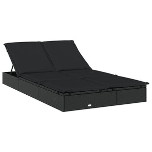 Doppel Sonnenliege mit Auflage, Poly Rattan Schwarz